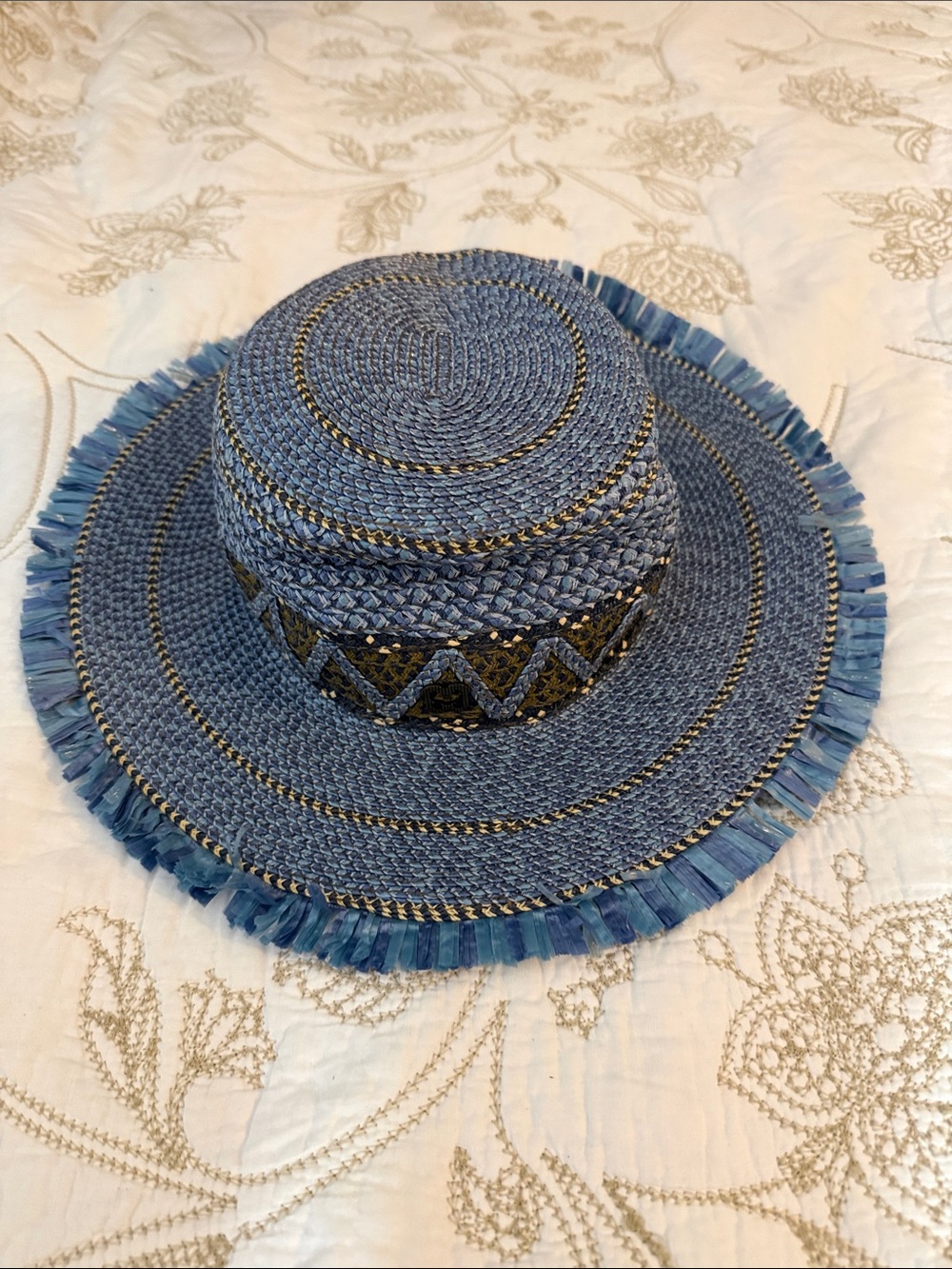 VERY RARE Eric Javits Blue Straw Sun Hat with Fringe Trim OS